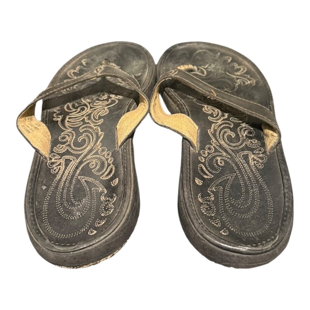 OluKai Panolo W Leather Flip Flop Sandals Women’s Size 9 Black Comfort Thong - Picture 9 of 10